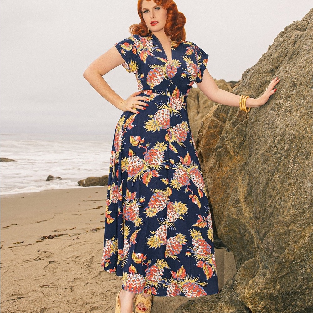 Trashy Diva Seaside Gown Pineapple Floral Maxi Dress sz 16 EUC